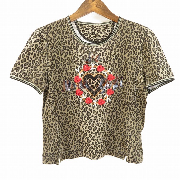 #s GKITALIYA 伊太利屋 イタリヤ Tシャツ カットソー 9 カーキ系 黒 ヒョウ柄 9号 スパンコール 刺繍 花 ハート 半袖 925083 k01拍卖