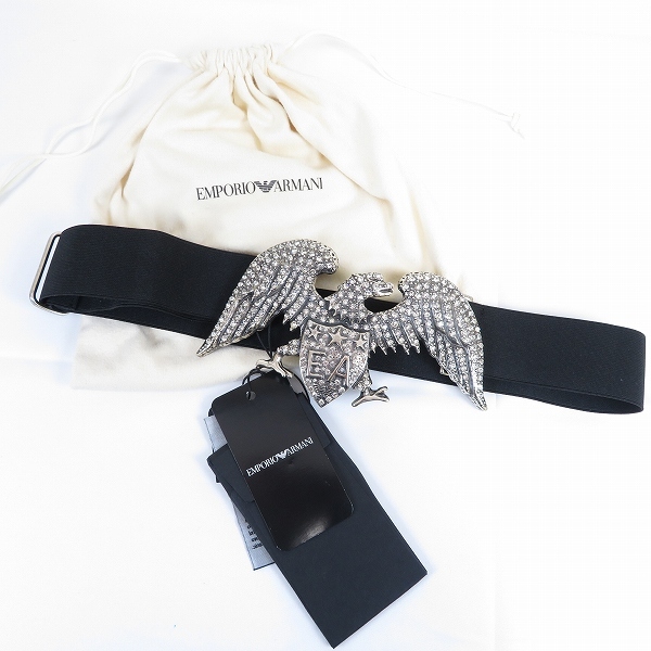 #ae エンポリオアルマーニ EMPORIO ARMANI ゴム ベルト 黒 バックル ラインストーン 鷲 イタリア製 タグ付き 保存袋付 美品 930065 k01拍卖