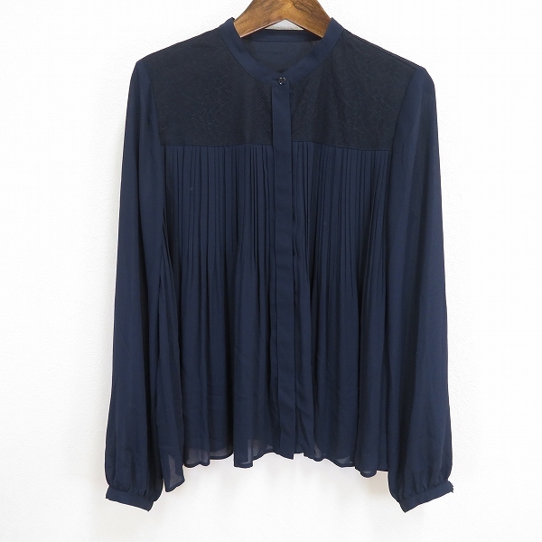 #a レリアン Leilian シャツ ブラウス 9号 紺 ネイビー 長袖 バンドカラー シースルー プリーツ レース 日本製 レディース 934442 k01拍卖
