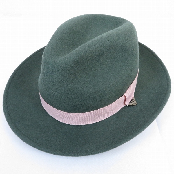 #wh エンポリオアルマーニ EMPORIOARMANI 帽子 ハット 中折れ帽 カーキ ピンク 57 ウール ラナウール 羊毛 毛 イタリア製 944846 k01拍卖