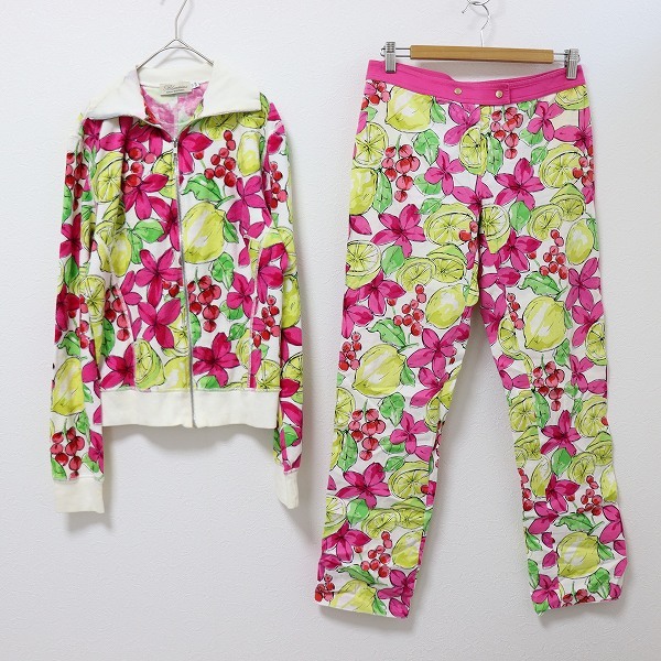 ブルマリン BLUMARINE セットアップ トップス パンツ パイル ジップアップ 総柄 金釦 ロゴボタン x934971n拍卖