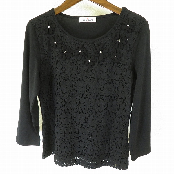 #a ギャラリービスコンティ GALLERYVISCONTI カットソー 2 黒 七分袖 レース お花 ビーズ 938937 k01拍卖