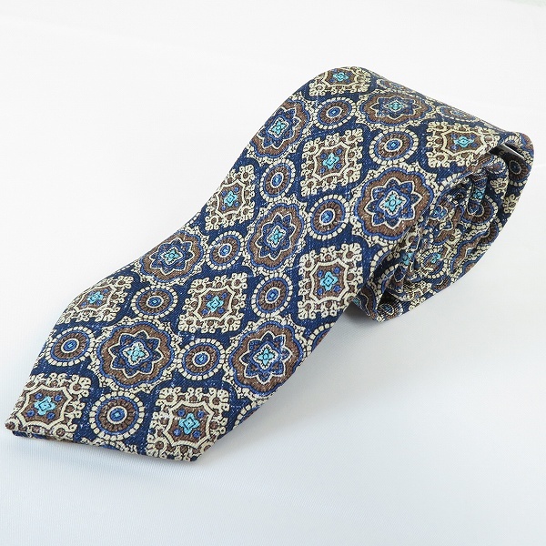 #ae メーカーズシャツカマクラ Maker's Shirt 鎌倉 ネクタイ 茶系 青系 総柄 シルク タグ付き 美品 日本製 イタリア製生地 メンズ 945945拍卖