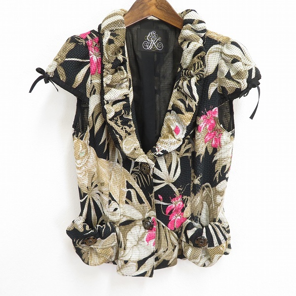 #s GKITALIYA 伊太利屋 イタリヤ ジャケット 半袖 9号 黒 茶系 白 ピンク ボタニカル柄 リボン シャーリング レディース 937656 k01拍卖