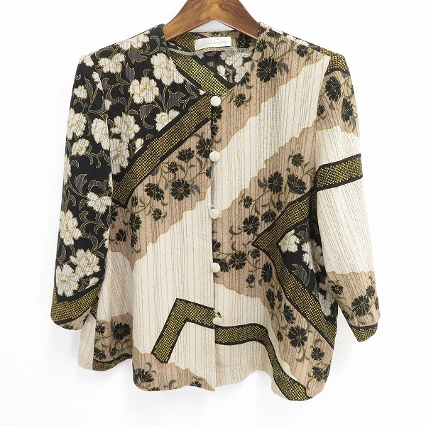 #a 詩仙堂 ヒトシタムラ ジャケット カーディガン 七分袖 ノーカラー 薄手 黒 ベージュ 茶 カラシ ちりめん 和柄 和風 日本製 942911 k01拍卖