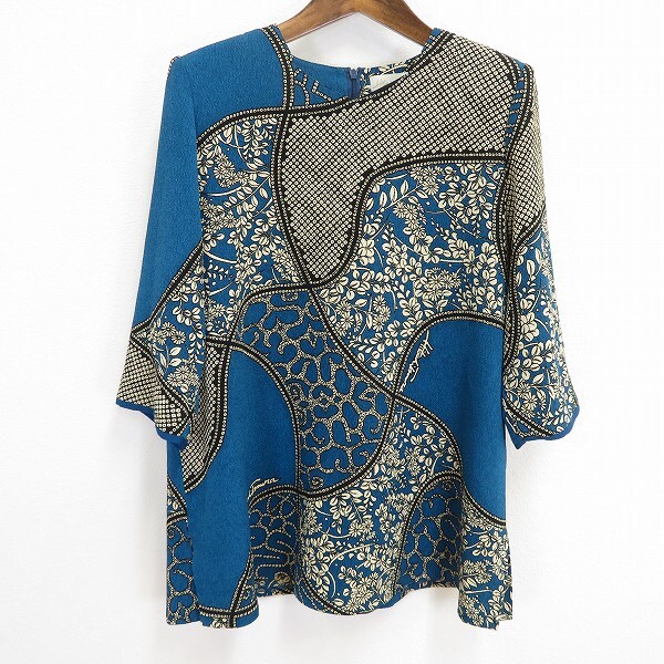 #a 詩仙堂 ヒトシタムラ チュニック カットソー 七分袖 青 黒 オフホワイト ちりめん 縮緬 かのこ柄 総柄 和風 和装 和柄 日本製 943105 k0拍卖