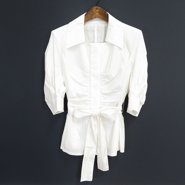 #sx レリアン Leilian シャツ ブラウス 七分袖 9号 オフホワイト シャーリング リボンベルト 日本製 レディース 940778 k01拍卖