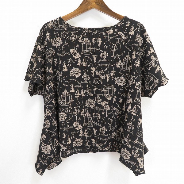 #s 詩仙堂 ヒトシタムラ カットソー 半袖 黒 ベージュ 総柄 変形 ちりめん 縮緬 和風 日本製 レディース トップス 美品 935782 k01拍卖