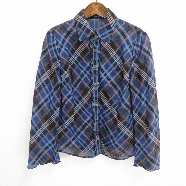 #a レリアン Leilian シャツ ブラウス 長袖 11号 リネン混 麻混 紺 水色 ピンク 白 チェック フリル 日本製 921350 k01拍卖