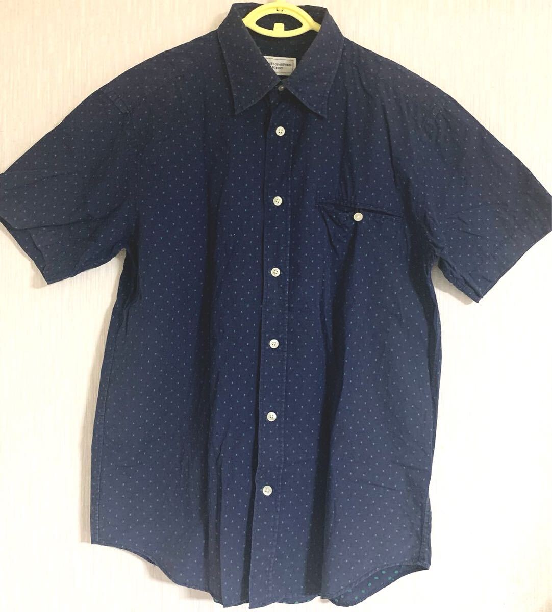 匿名配送 コットン半袖シャツ ネイビードット 紺色 綿 メンズM 水玉 トップス拍卖