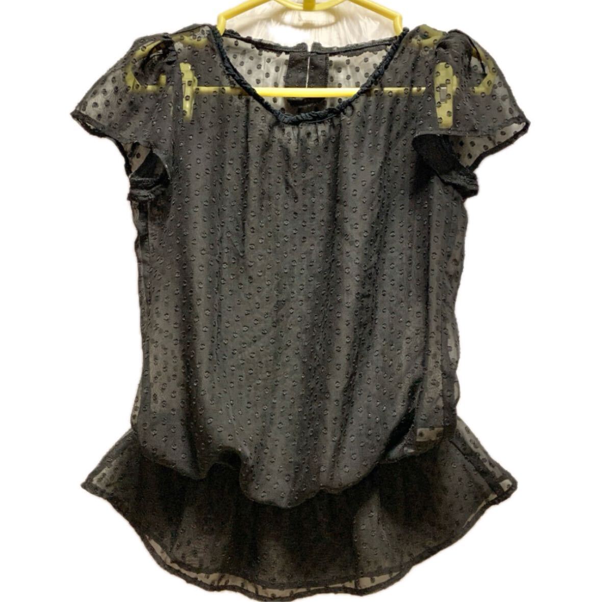 フレンチスリーブシアー半袖ブラウス 水玉シフォン 黒 シースルー ブラック クルーネック トップス 半袖カットソー レース拍卖