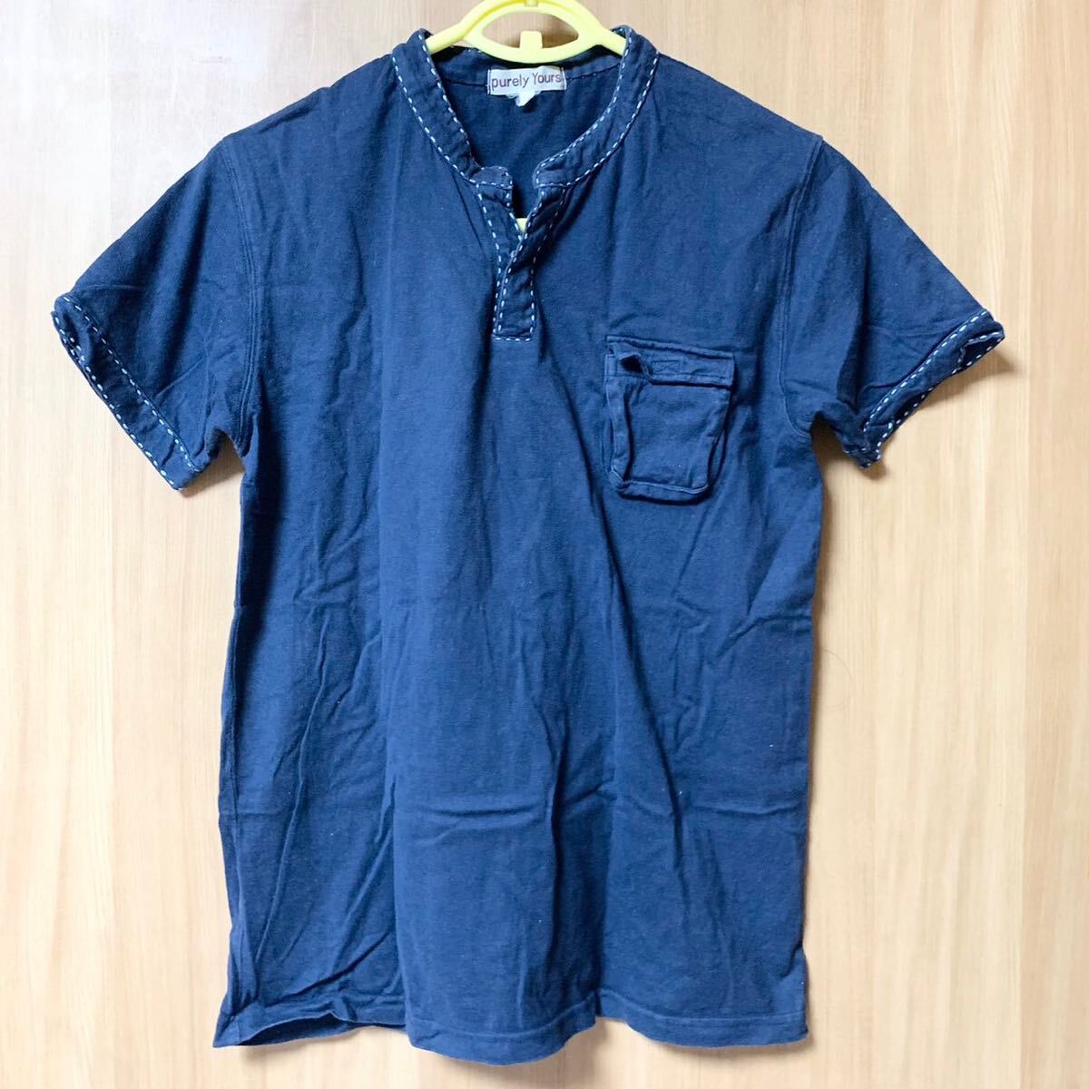 匿名配送 無地 ネイビー コットン半袖Tシャツ 紺色 キーネック ステッチ 胸ポケット拍卖
