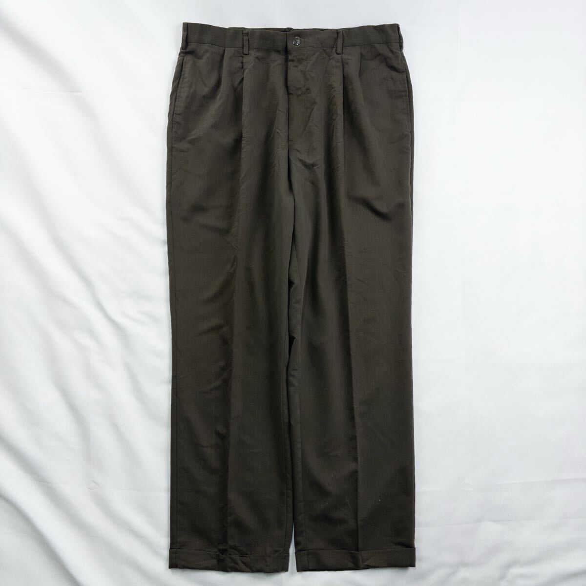 US Vintage 80s VAN HEUSEN ツイル ツータック ロケットタロン TALON とろみ オリーブ グリーン ワイド ドレス スラックス トラウザーズ拍卖