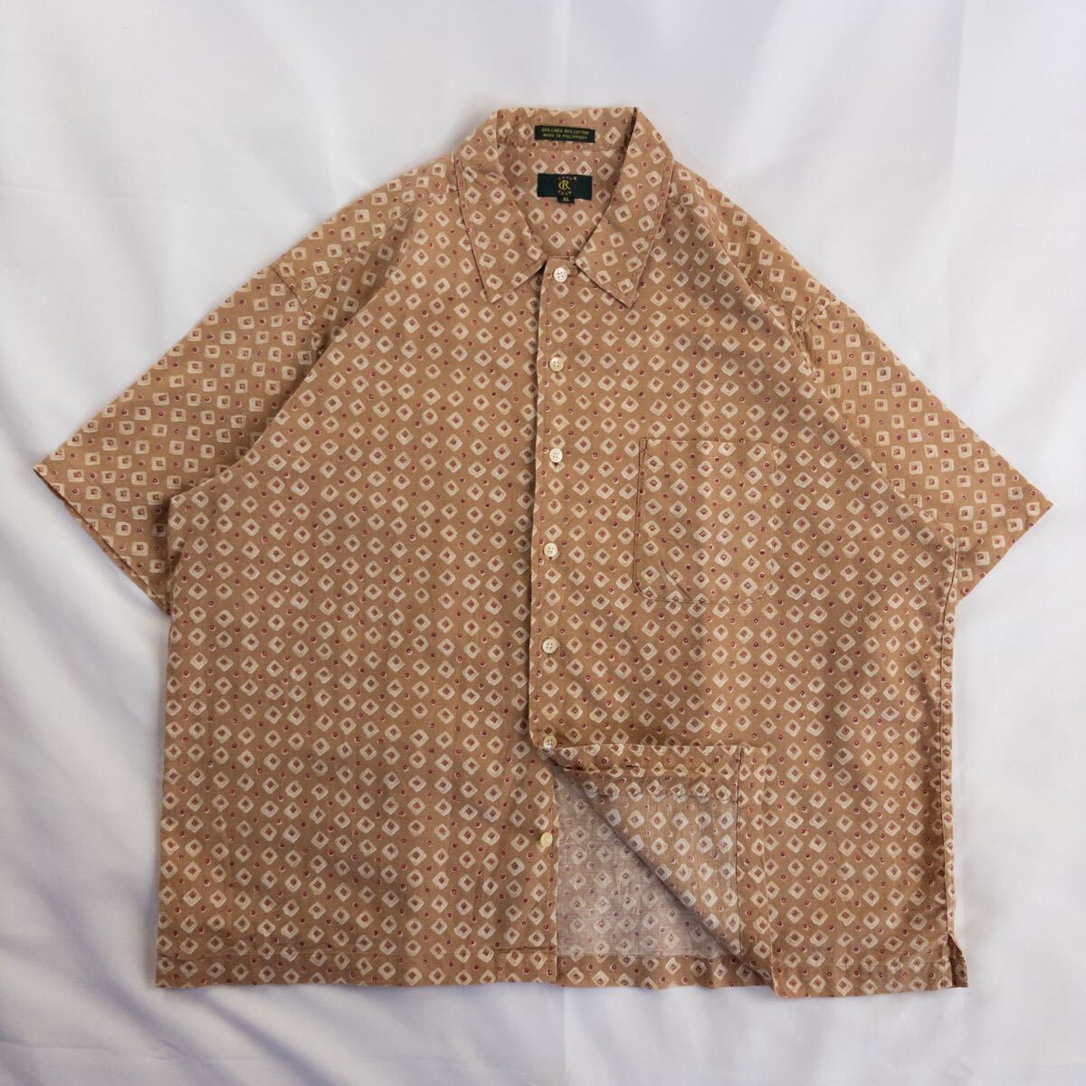 US Vintage 90s CLUB ROOM リネン コットン くすみカラー 民族 アート エスニック 幾何学模様 プリミティブ ボックスシルエット 総柄シャツ拍卖