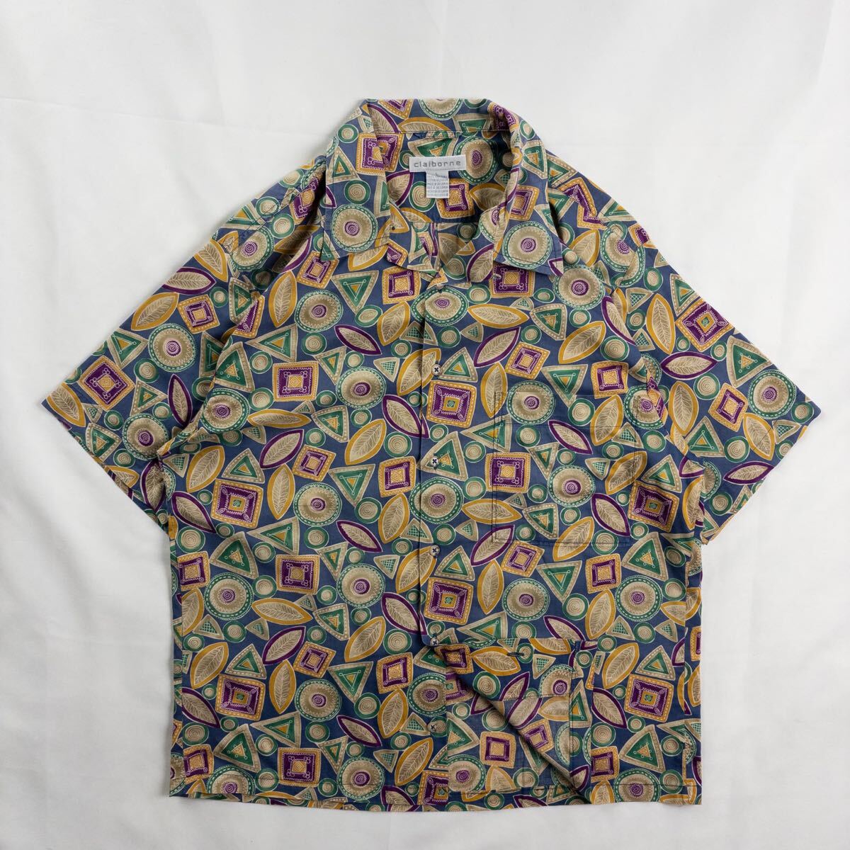 US Vintage 90s claiborne コットン 開襟 オープンカラー くすみカラー アート柄 幾何学 アトミック柄 アロハ ハワイアン 総柄シャツ拍卖