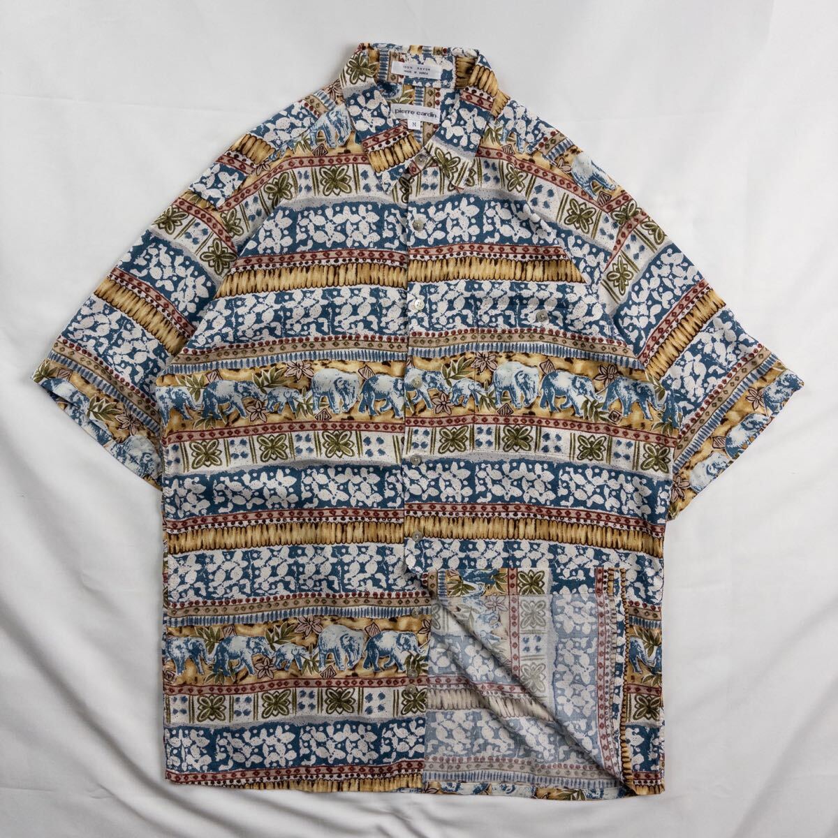 Euro Vintage 90s pierre cardin レーヨン100% 好配色 エスニック 民族 アジアン アート 象形 総柄 デザインシャツ拍卖
