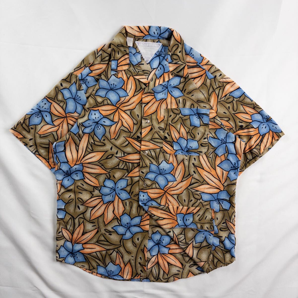 US Vintage アメリカ製 80s? ANGELS FLIGHT 開襟 オープンカラー ハイビスカス リーフ ボタニカル ハワイアン アロハ 総柄シャツ拍卖