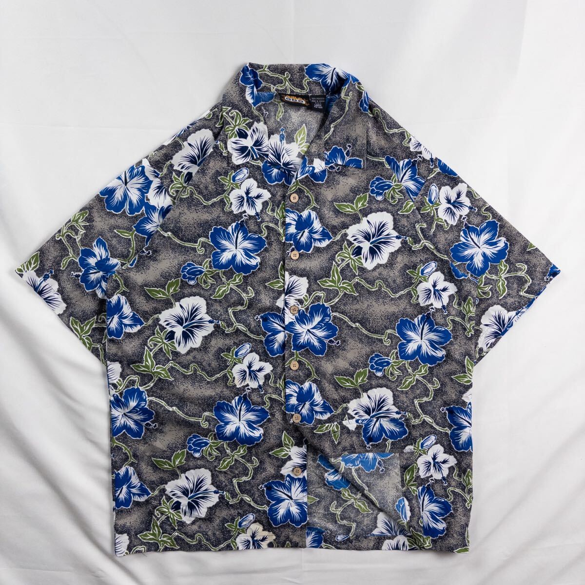 US Vintage 90s ODO ポリエステル 開襟 オープンカラー 個性的 ハイビスカス ボタニカル グレー ハワイアン アロハ 総柄シャツ ポリシャツ拍卖