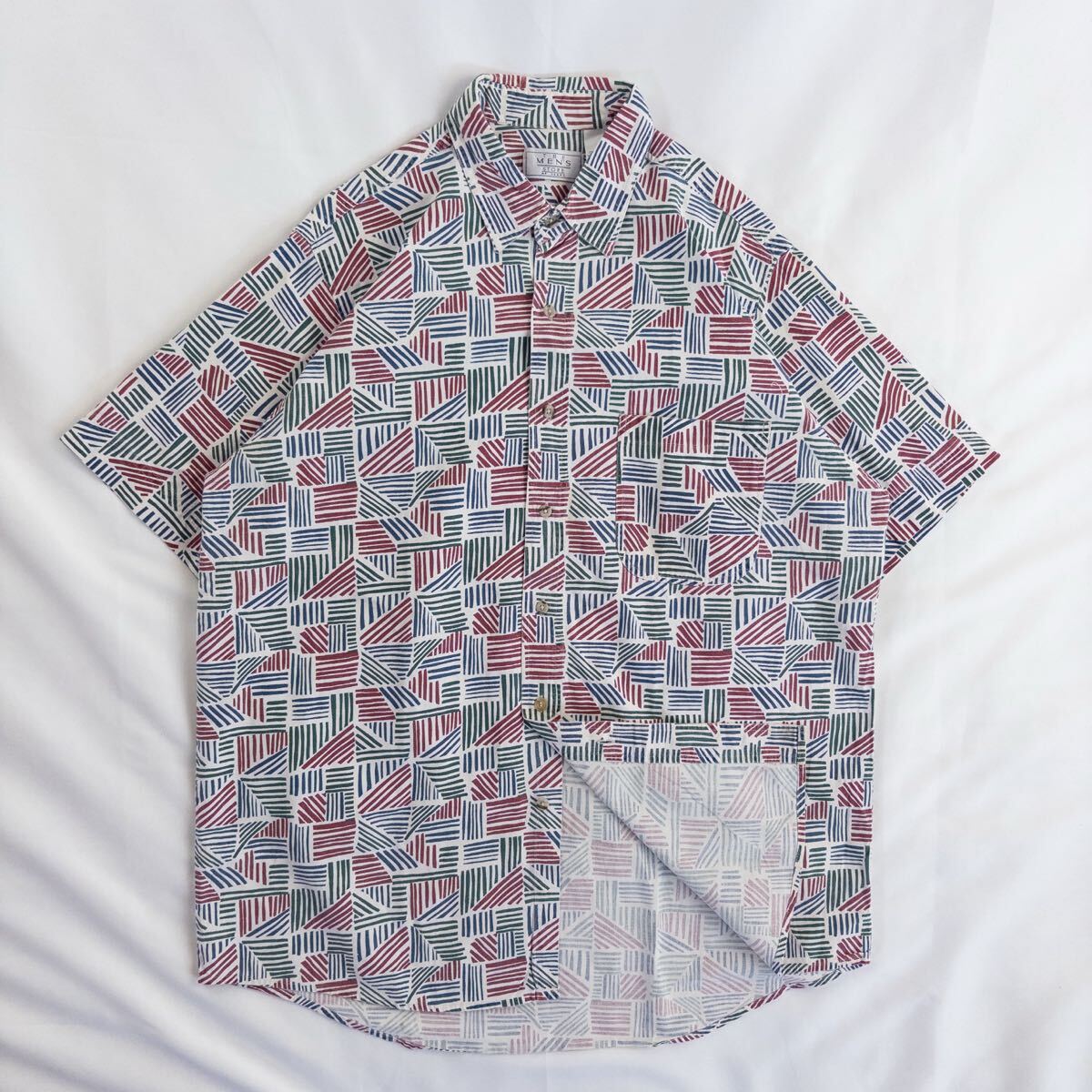 US Vintage 90s THE MEN'S STORE AT SEARS コットン100% 好配色 マルチカラー 幾何学模様 ポップ アート レトロ 総柄 デザインシャツ拍卖