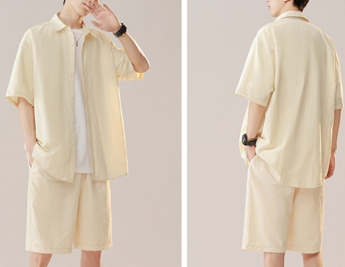 新入荷 上下セット 無地 メンズ シャツ 短パンツ 部屋着 ルームウェア 夏お祭り 涼しい カジュアル 杏/XL拍卖