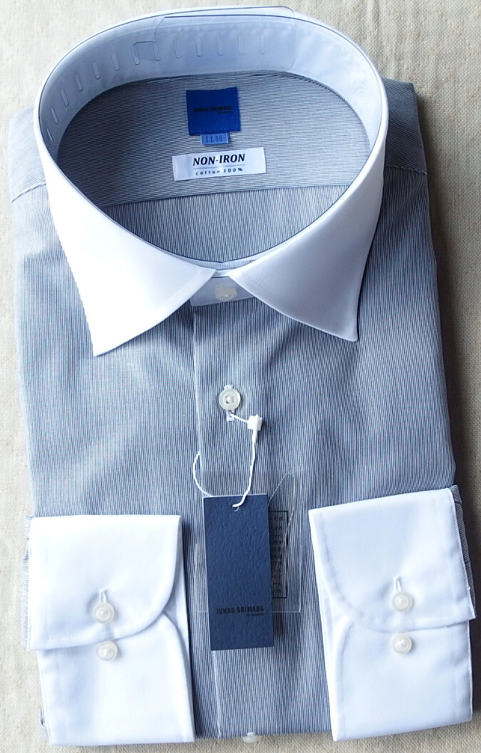 ■新品 JUNKO SHIMADA ノーアイロン綿100%クレリック ホリゾンタル 濃灰&白/微小ストライプ LL43-86 ① /2505拍卖