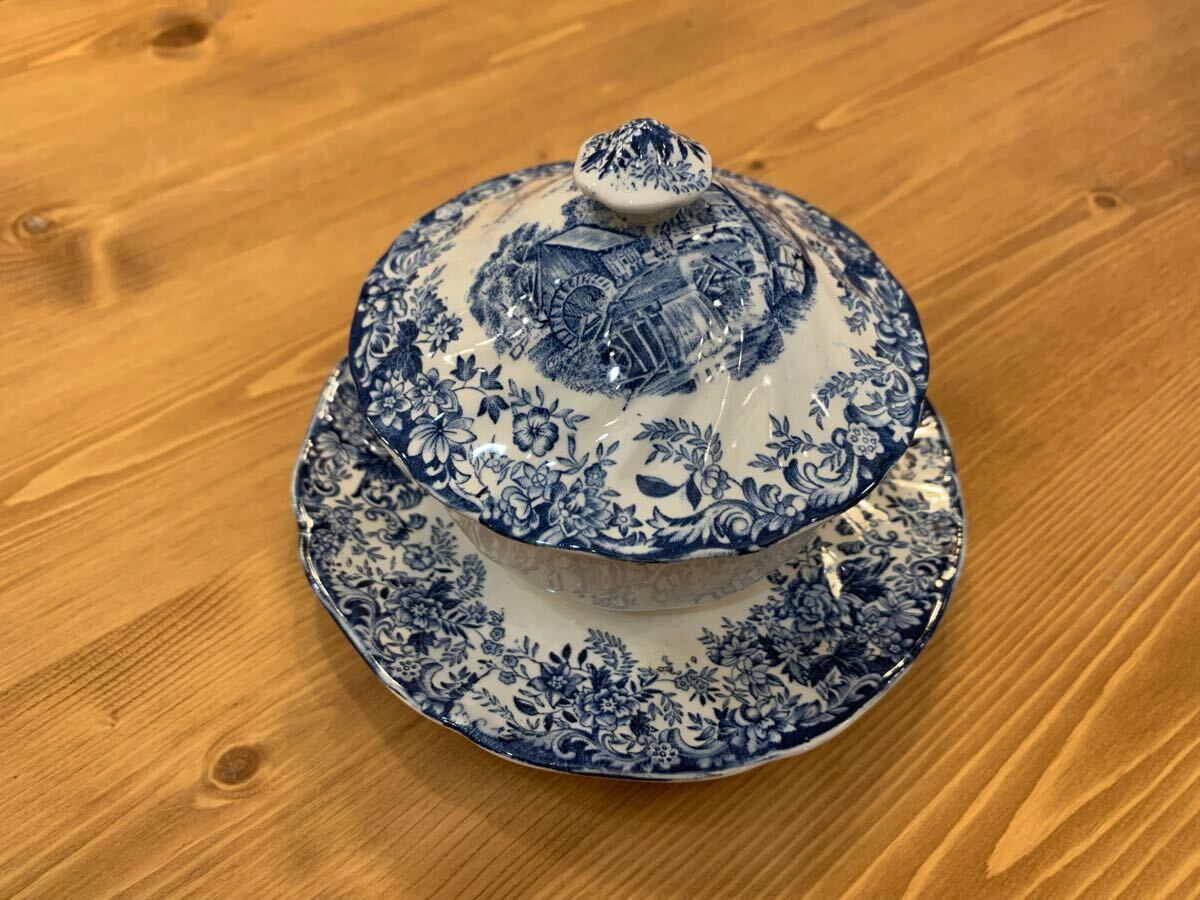 G0505★ Johnson Brothers ジョンソンブラザーズBlue 蓋付 カップ&ソーサー 口径約9.5×高さ10(㎝)イギリス製 英国拍卖