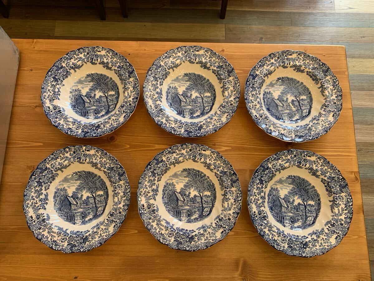 G05010★ Johnson Brothers ジョンソンブラザーズBlue お皿 スープ皿 直径約22×高さ4(㎝)イギリス製英国食器 インテリア まとめて6点拍卖