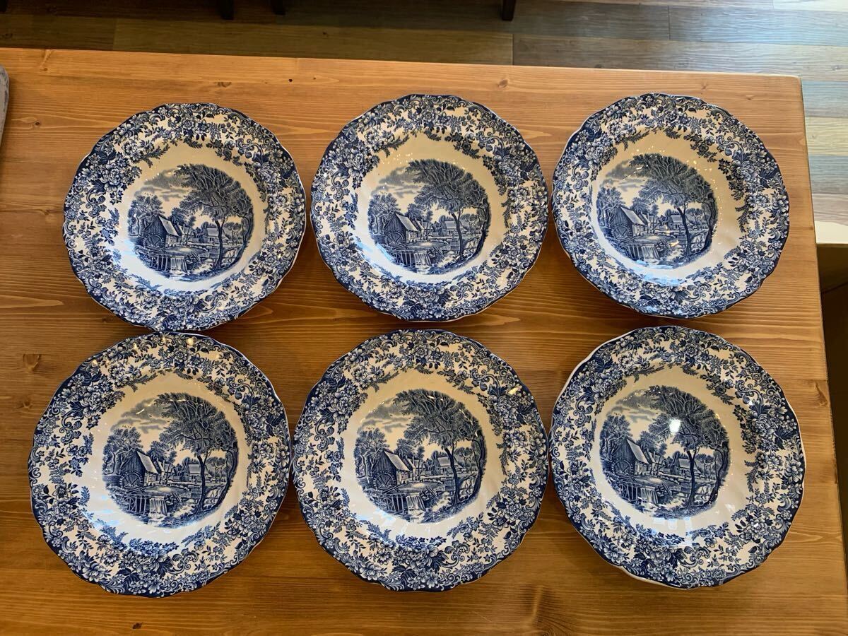 G05011★ Johnson Brothers ジョンソンブラザーズBlue お皿 スープ皿 直径約22×高さ4(㎝)イギリス製英国食器 インテリア まとめて6点拍卖