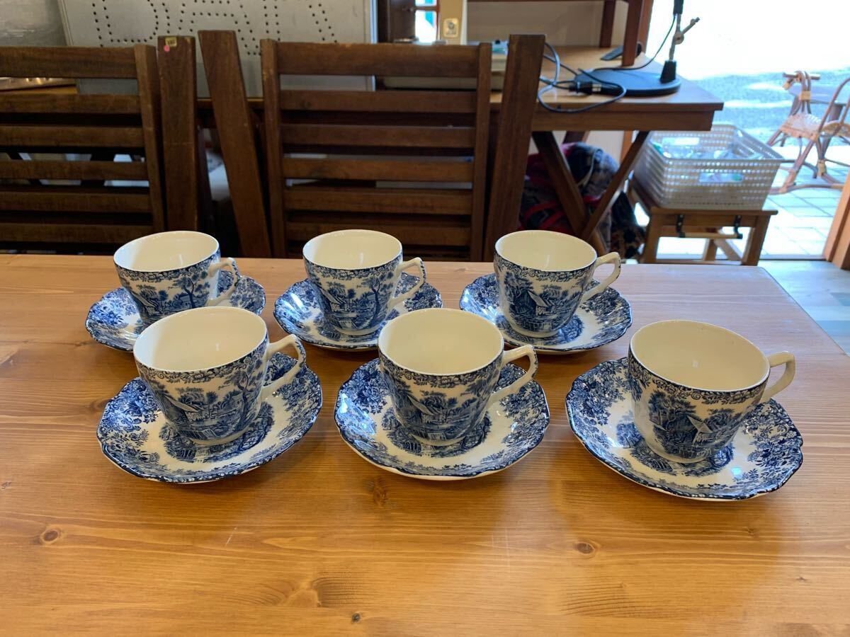 G05015★ Johnson Brothers ジョンソンブラザーズBlue コーヒーカップ&ソーサー カップ口径約8×高さ(㎝)ソーサー直径14㎝ まとめて6点拍卖