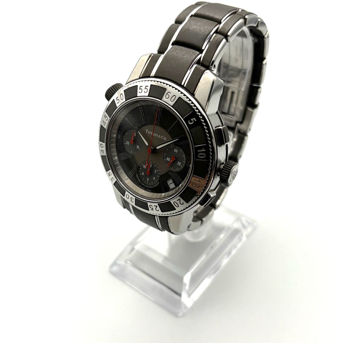 【美品】ティファニー TIFFANY&Co マーク T-57 クロノグラフ 自動巻き オートマチック 裏スケ シースルーバック拍卖