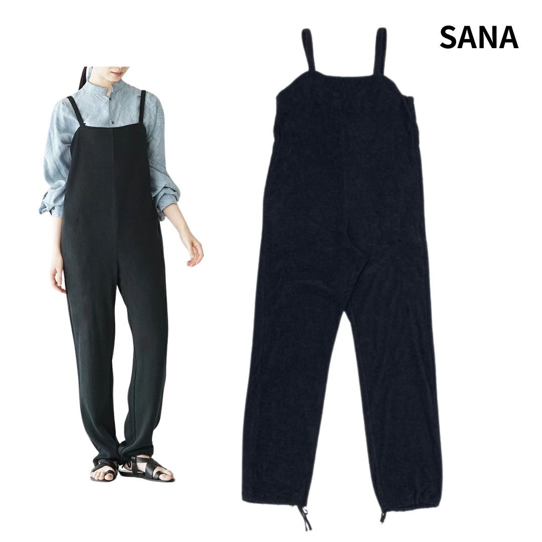 SANA サナ パイル ジャージー サロペット パンツ 黒 free フリー/オールインワン ジャンプスーツ サロペットパンツ ルームウェア拍卖