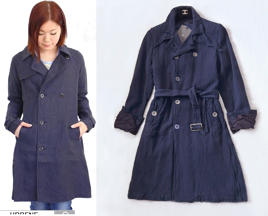 新品タグ付き 40,000円 ジョンブル JOHNBULL ヴィンテージワッシャー加工リネントレンチコート S インディゴ ウォッシャブル拍卖
