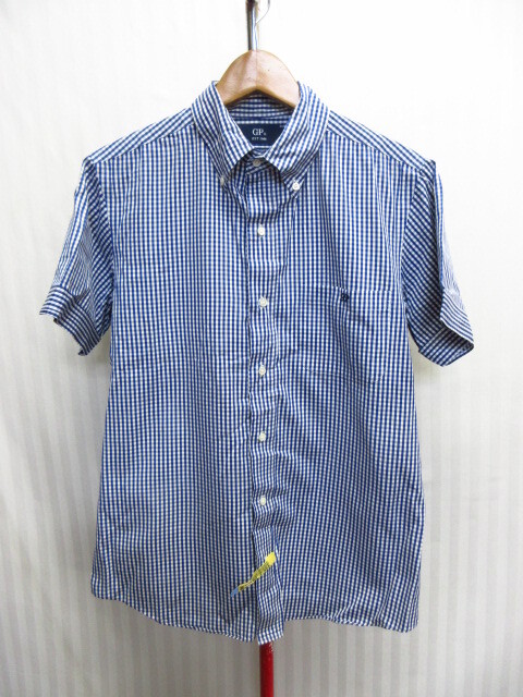 ジムフレックス 半袖ボタンダウンシャツ メンズL 紺白シャツ チェック柄シャツ ロゴ刺繍シャツ ポケット付きシャツ 半袖カットソー05093拍卖