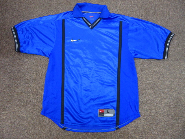 ナイキ 90sヴィンテージ 半袖ゲームシャツ メンズL 青黒 サッカーシャツ 襟付き半袖カットソー サッカージャージトップ 半袖ウエア05222拍卖
