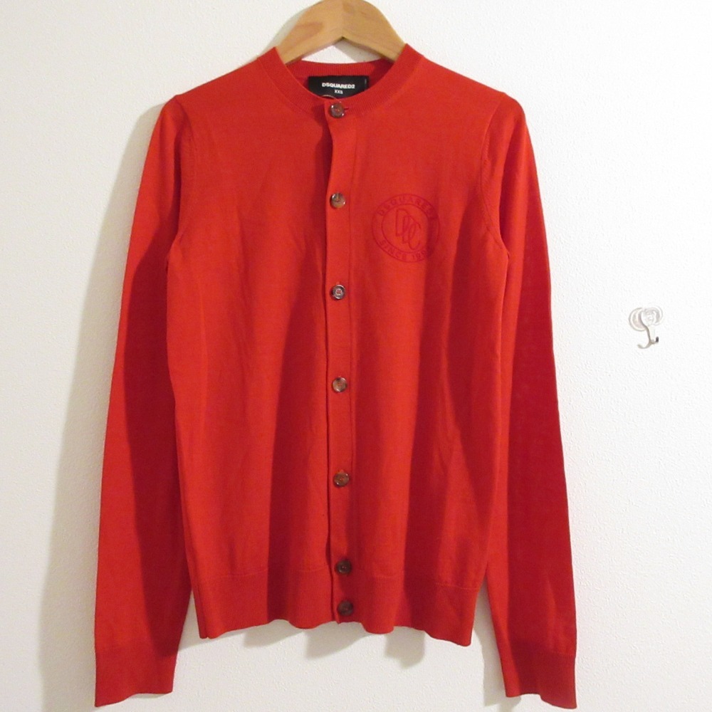 美品 DSQUARED2 ディースクエアード ロゴプリント 長袖 クルーネック ニット カーディガン XXS レッド拍卖