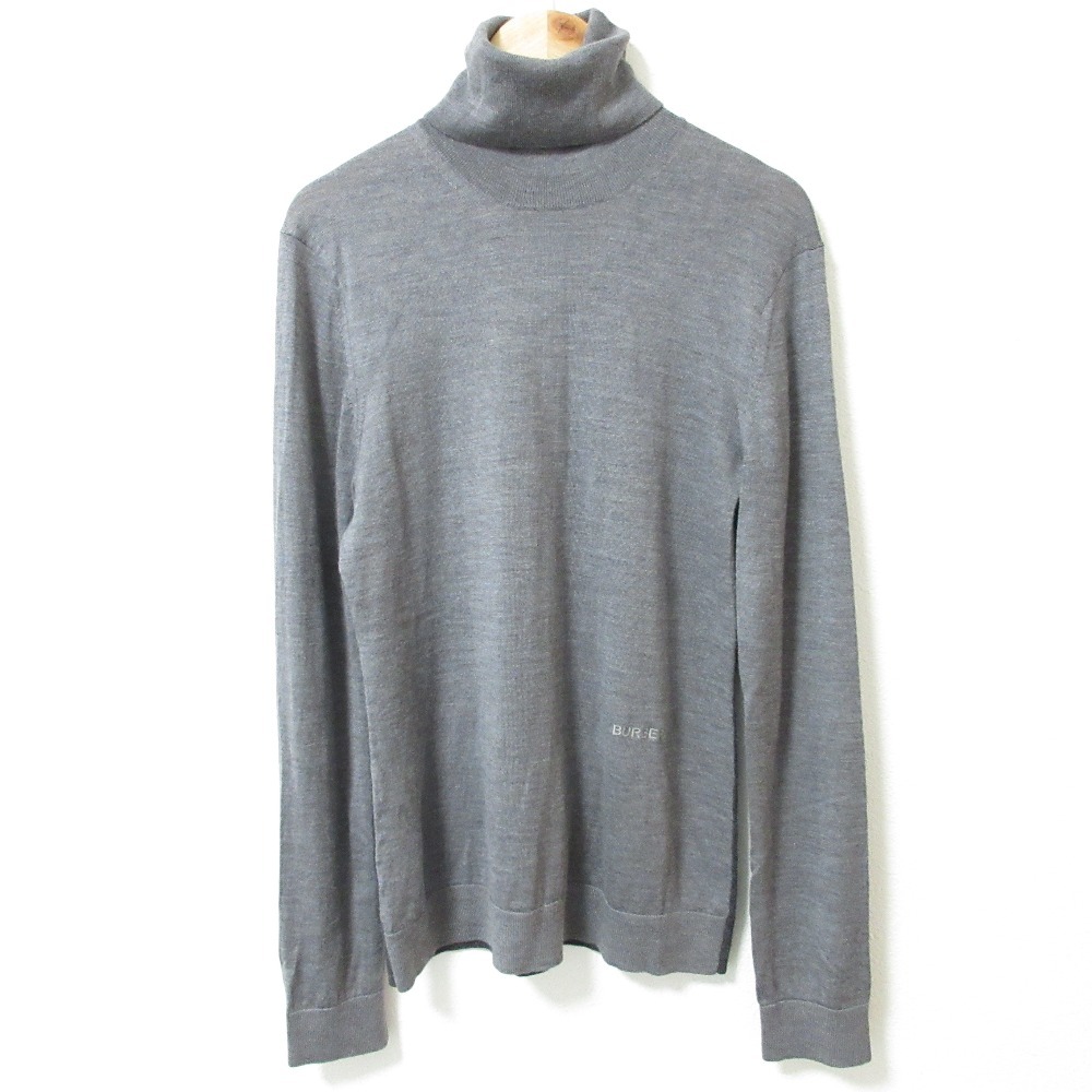 良品 BURBERRY バーバリー ロゴ刺繍 バイカラー タートルネック 長袖 ニットカットソー セーター M グレー拍卖
