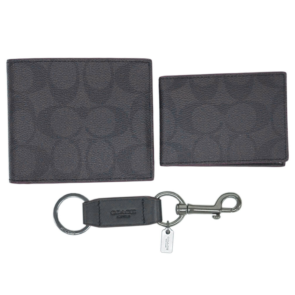 未使用 コーチ 財布 F41346-N3A メンズ 二つ折り 札入れ カードケース ボックスド 3-IN-1 シグネチャー ブラック オックスブラッド拍卖