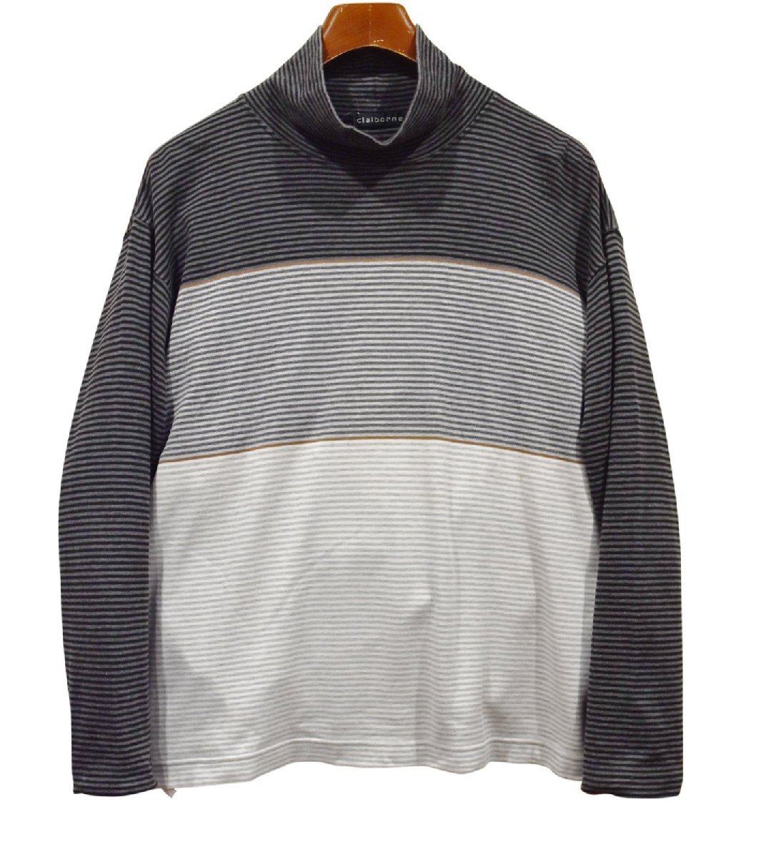 ビンテージ USA製 Claiborne クレイボーン グレーxチャコールx黒 ボーダー タートルネック ロンT ハイネック サイズL DG3003-5-DI3拍卖