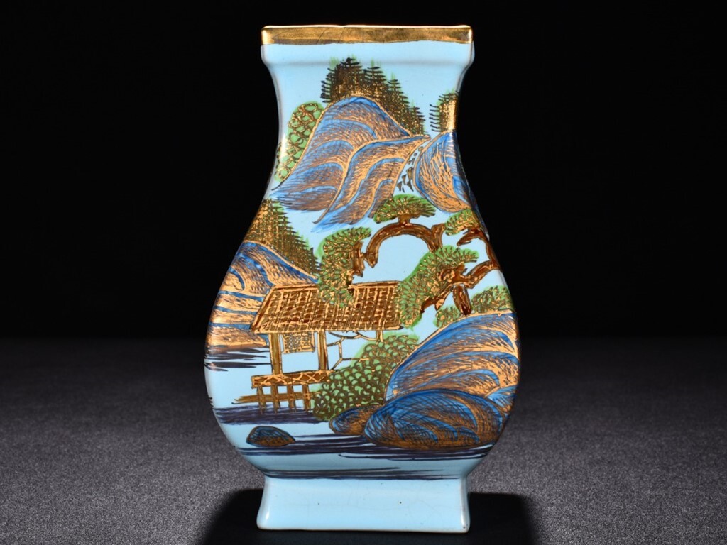 TA210■中国古玩 唐物 宋時代汝窯天藍釉描金山水紋方瓶 時代物 極上品■拍卖