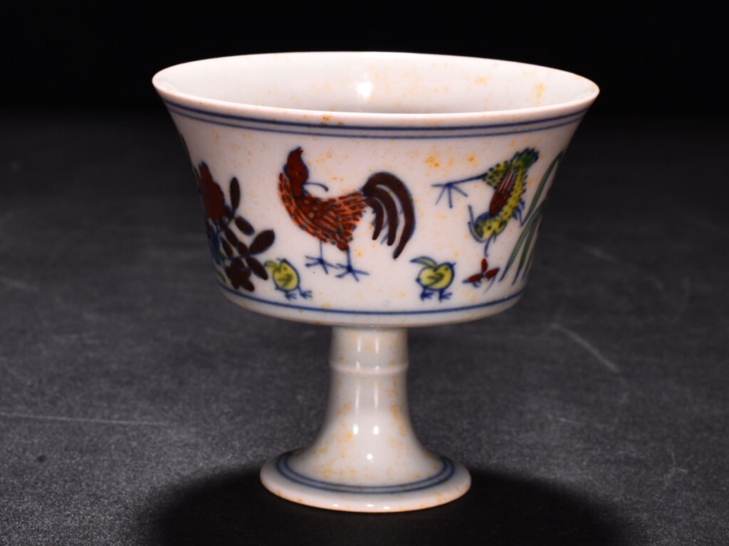 TA293■中国古玩 唐物 明成化 闘彩鶏図紋高足杯 時代物 極上品■拍卖