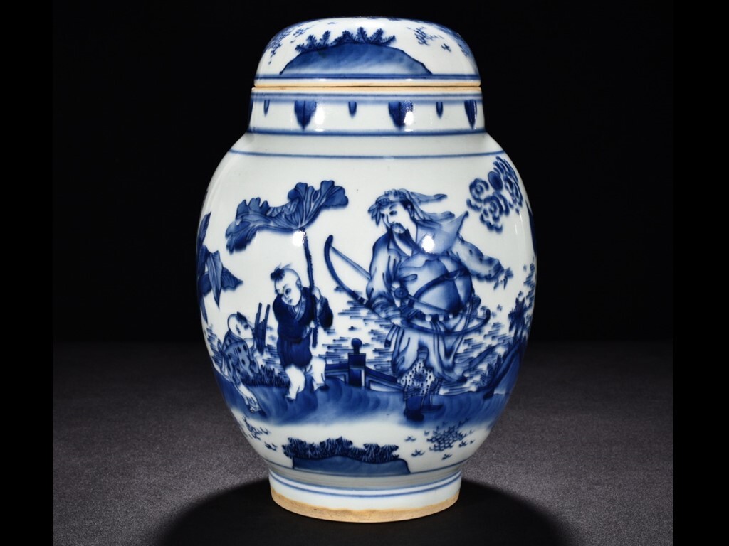 TA310■中国古玩 唐物 明崇禎青花麒麟送子人物紋蓋壺2 時代物 極上品■拍卖