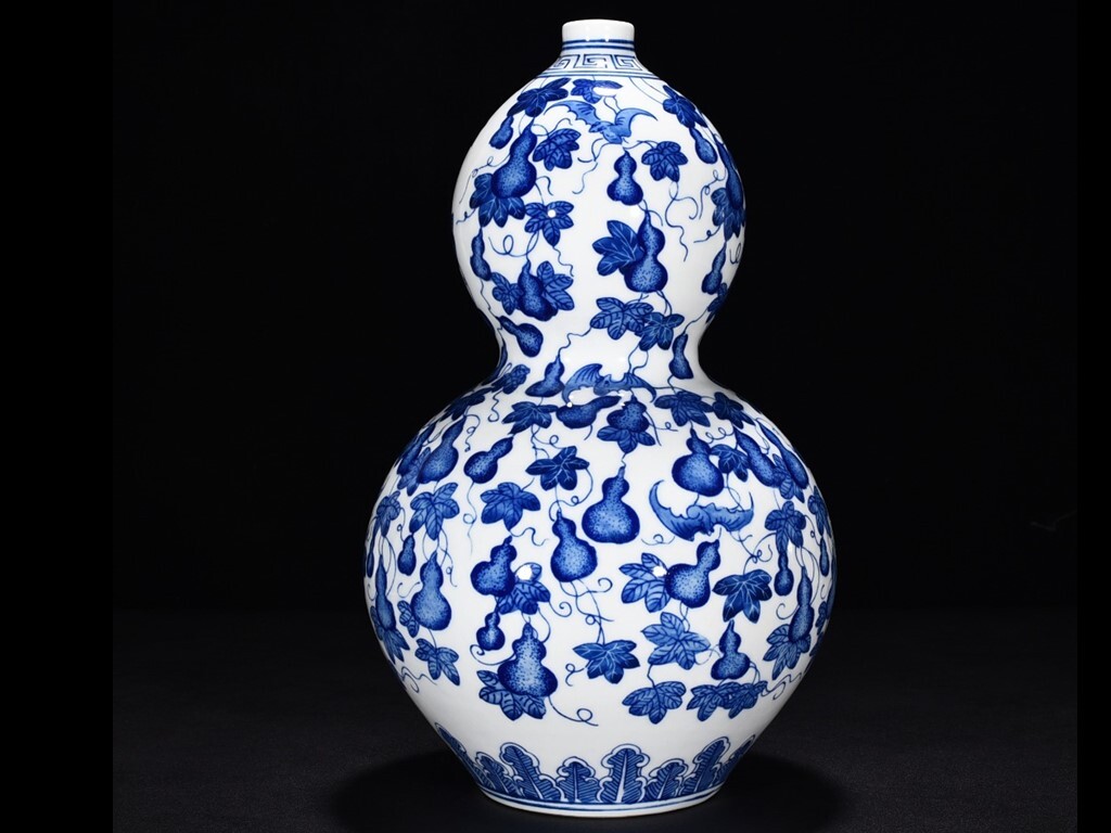 TA317■中国古玩 唐物 清時代 乾隆 青花子孫万題瓢箪瓶 時代物 極上品■高さ33cm・直径19.5cm■拍卖