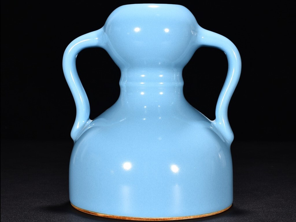 TA318■中国古玩 唐物 清時代 乾隆 天藍釉如意耳蒜頭瓶 時代物 極上品■高さ33cm・直径19.5cm■拍卖