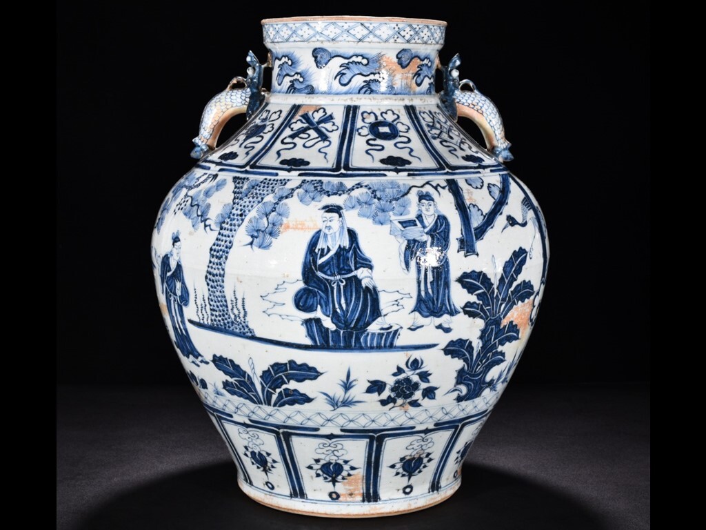 TA325■中国古玩 唐物 元青花・三顧茅廬紋・特大罐・極細工 古賞物 ■高さ48cm・直径35cm■拍卖