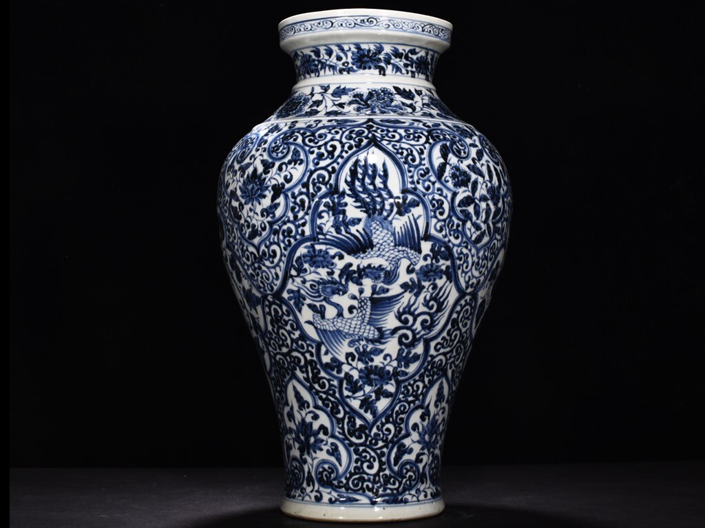 TA329■中国古玩 唐物 元青花・鳳凰紋盤口瓶・極細工 古賞物 ■高さ45cm・直径23cm■拍卖