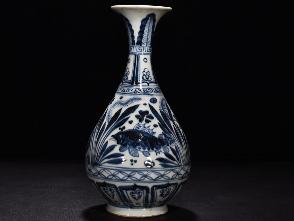 TA337■中国古玩 唐物 元青花・魚藻紋玉壺春瓶・極細工 古賞物 ■高さ27.5cm・直径13.5cm■拍卖