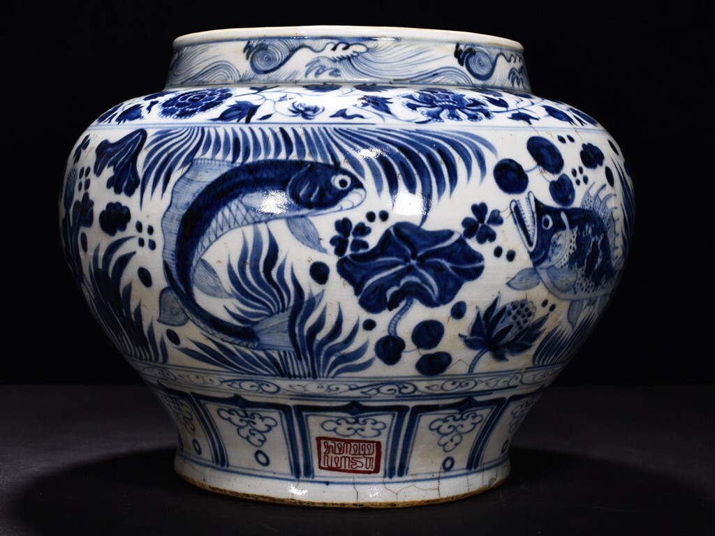 TA338■中国古玩 唐物 元青花・魚藻紋伊朗文罐・極細工 古賞物 ■高さ26cm・直径36cm■拍卖