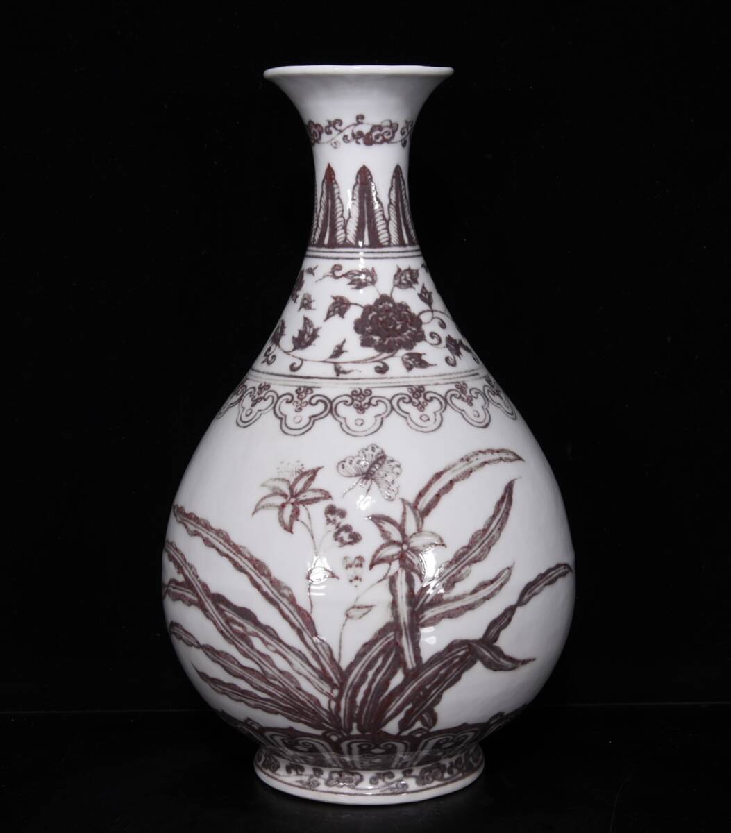 LM109■中国古玩 唐物 明永楽款 青花釉里紅花卉紋玉壺春瓶 時代物 極上品■拍卖