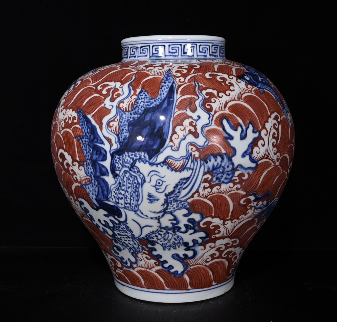 LM117■中国古玩 唐物 明仙徳青花礬紅海怪獣紋大壺 時代物 極上品■拍卖