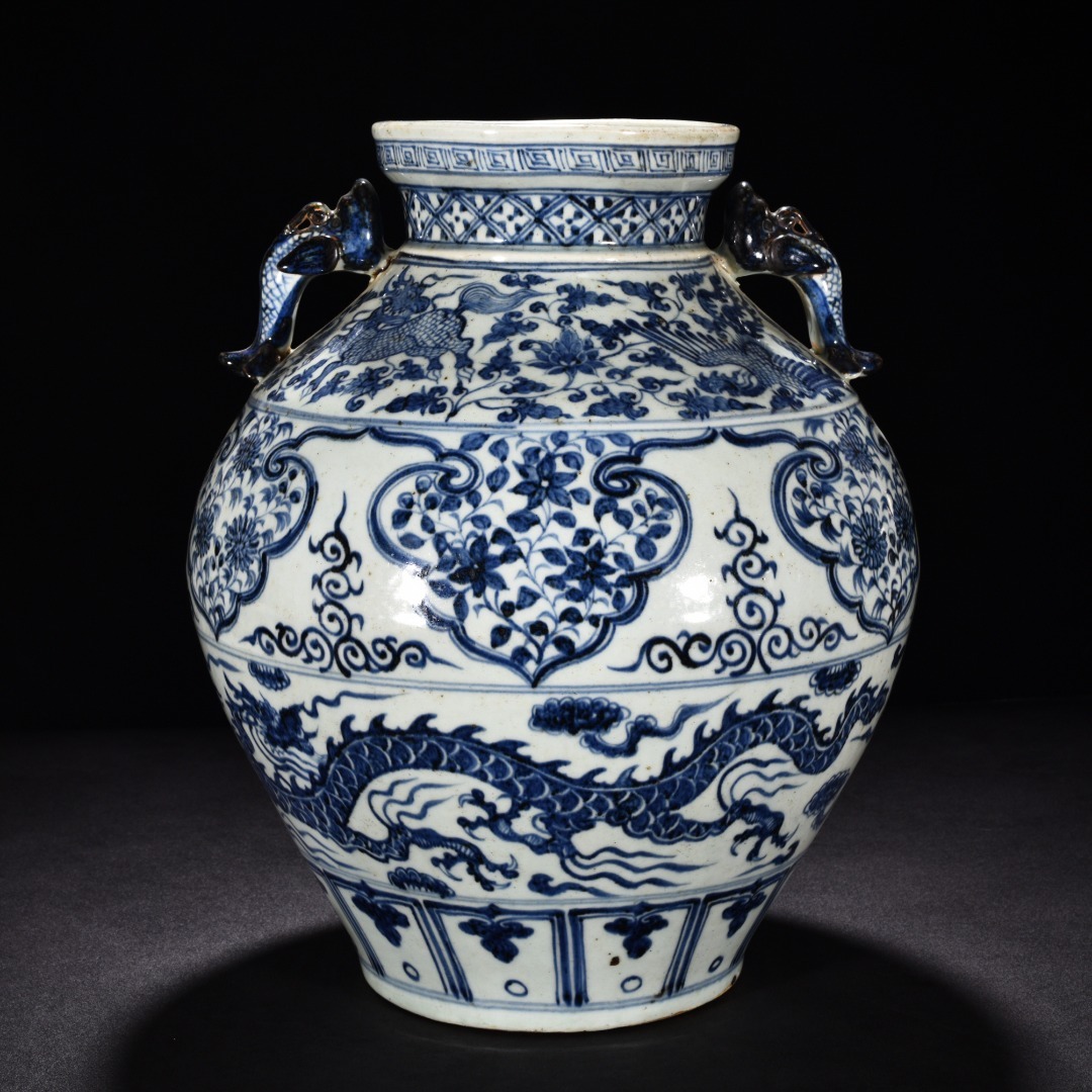 TA322■中国古玩 唐物 元時代 青花雲龍紋蚰耳罐 時代物 極上品■高さ39cm・直径32cm■拍卖